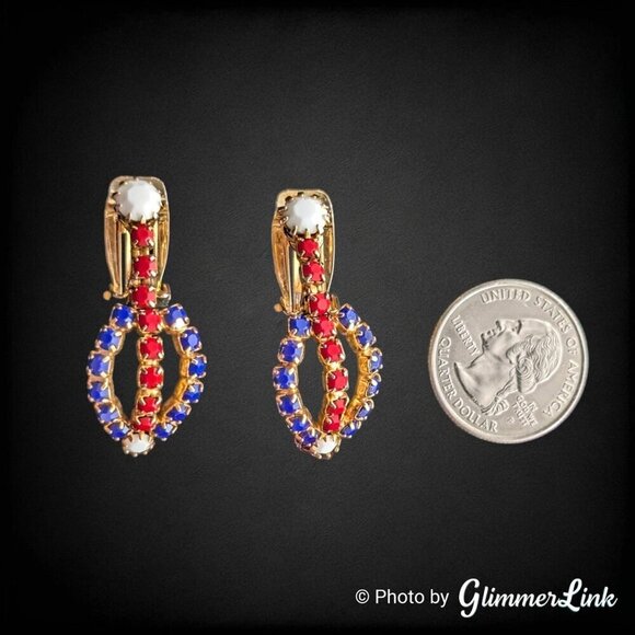 Vintage Red White & Blue Rhinestone Patriotic Dangle Gold Tone Clip On Earrings - Picture 5 of 10